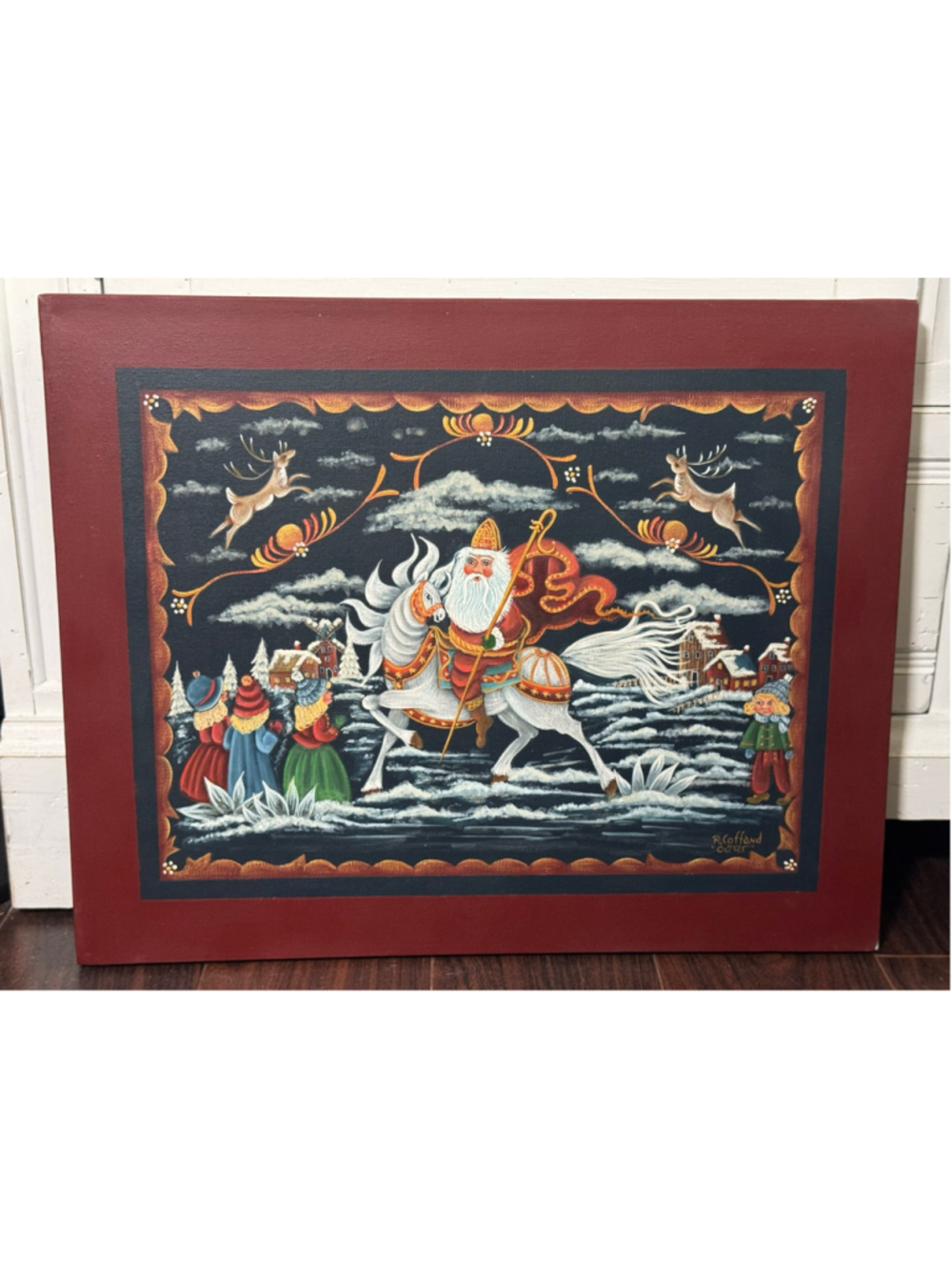 Original R Coffand Nordic Folk Art St Nicholas on Horse Christmas Painting 20x16